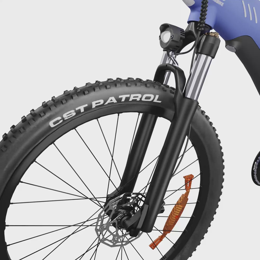 Load video: <p>100mm front suspension with <strong>180mm hydraulic disc brakes</strong> helps improve comfort, braking, and control on uneven roads.</p>